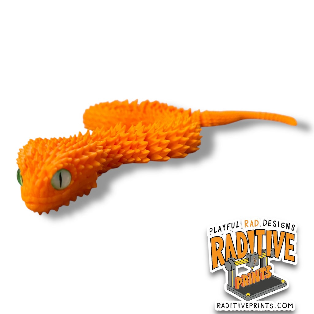3D Printed Articulated Flexi Bush Viper Orange Yellow with Green Glass Eyes